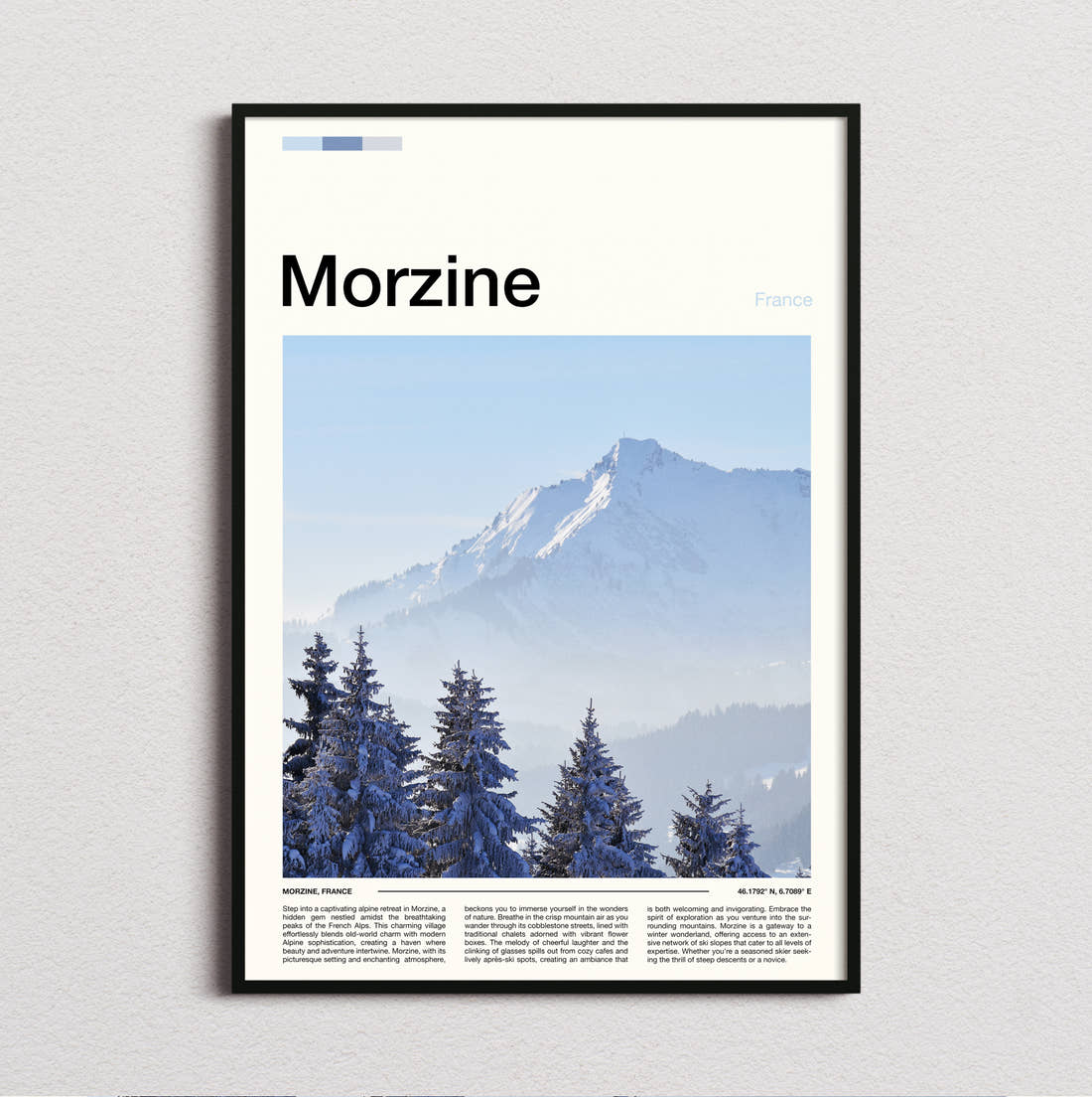 Morzine Snowy Pines And Peak Travel Print framed and photographed straight on