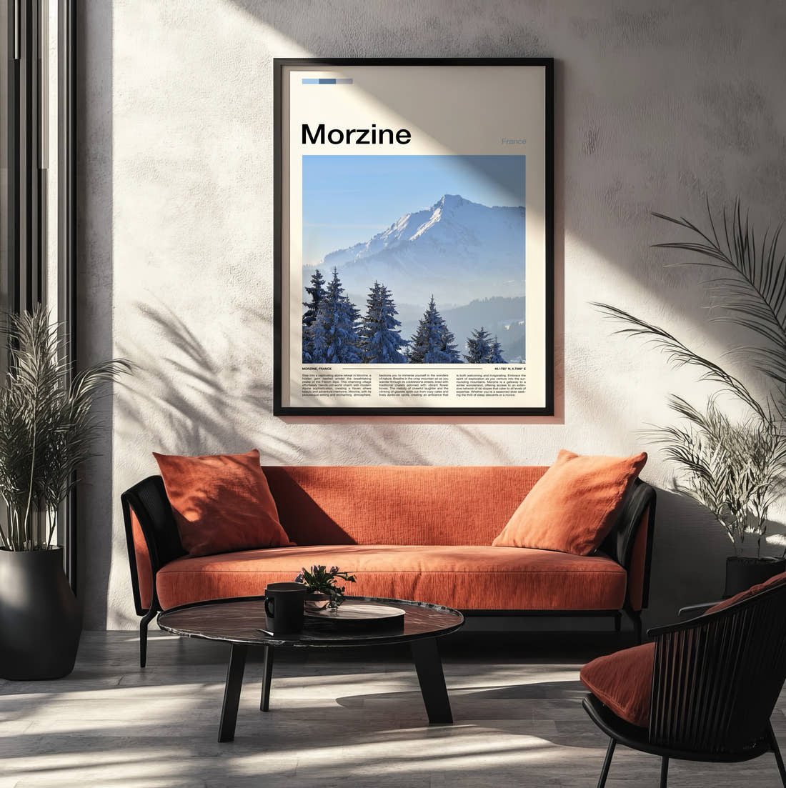 Morzine Snowy Pines And Peak Travel Print framed on the wall of a modern living room
