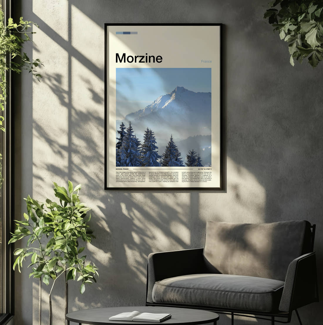 Morzine Snowy Pines And Peak Travel Print framed on the wall of a relaxed living room