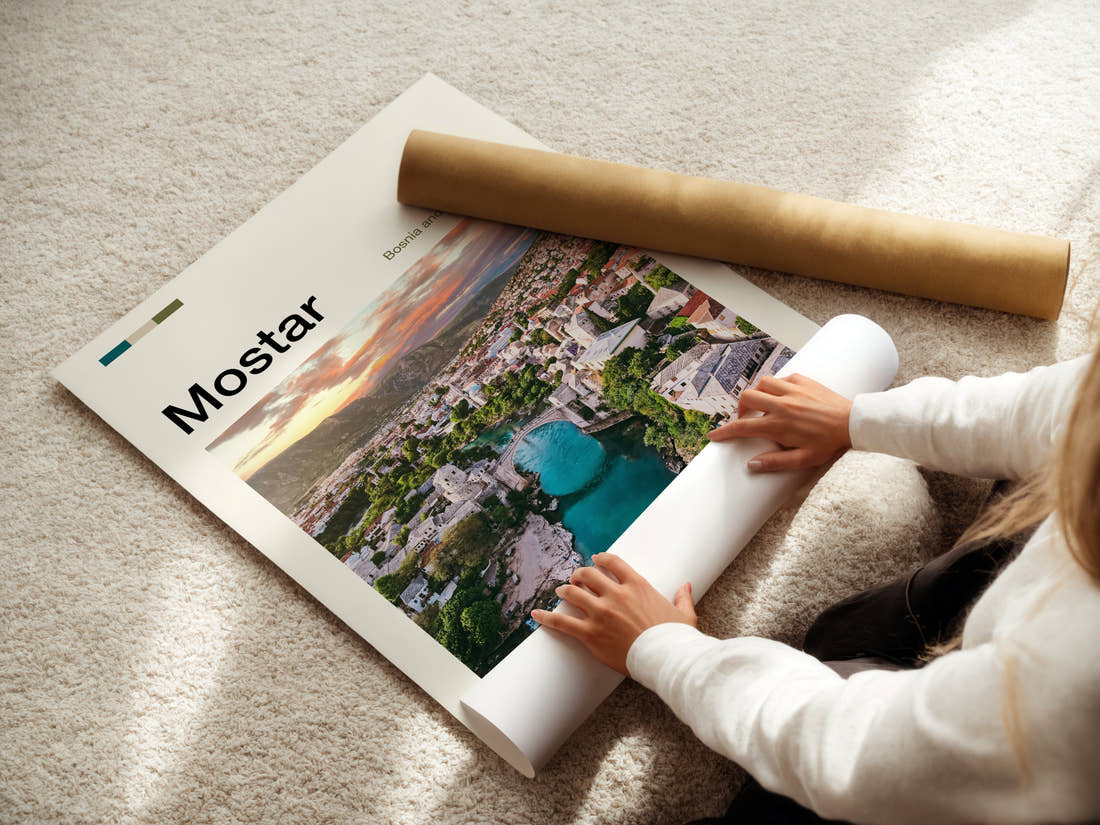 Mostar Old Bridge Aerial View Travel Print being unrolled from its postal tube