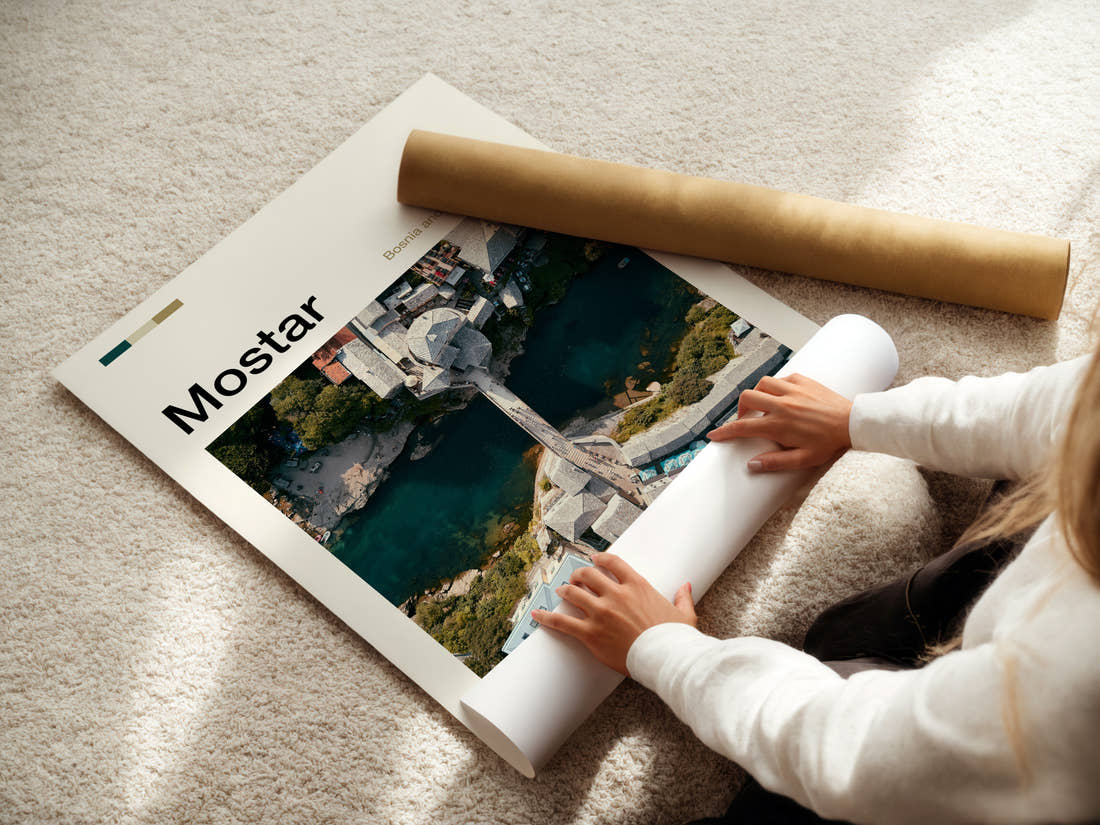 Mostar Old Bridge From Above Travel Print being unrolled from its postal tube