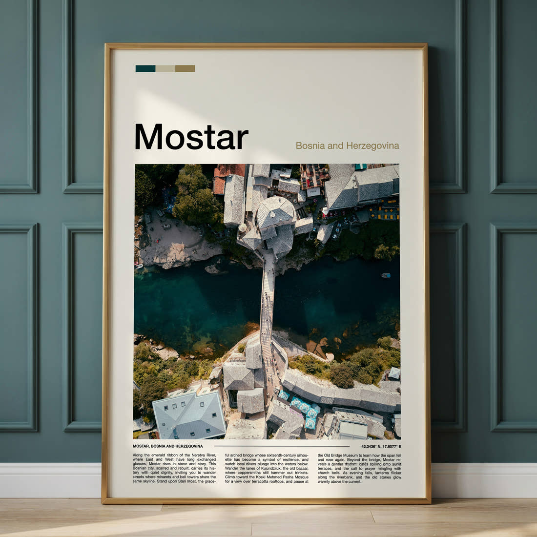 Mostar Old Bridge From Above Travel Print framed on the wall of a calm, neutral bedroom