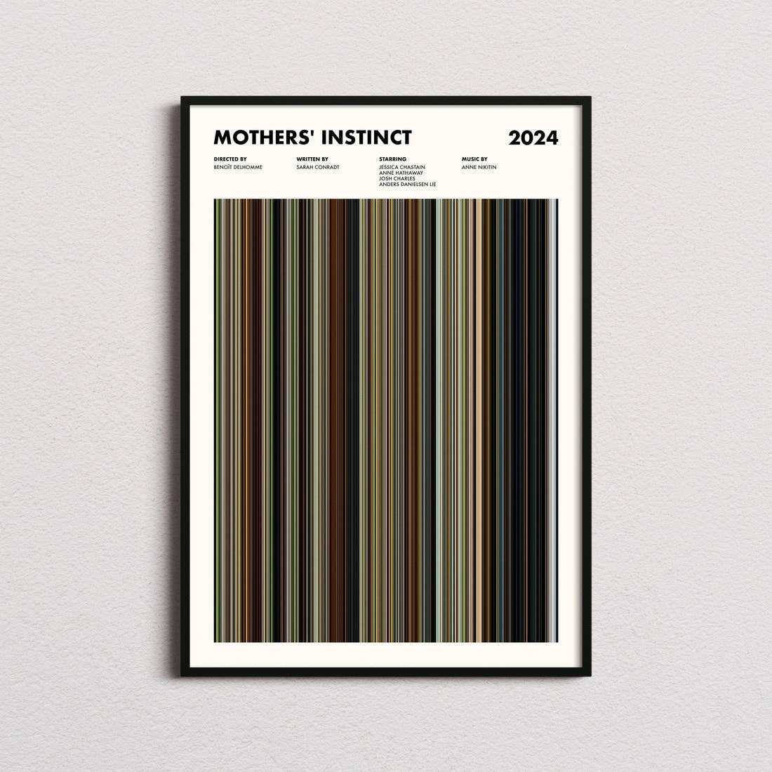 Mothers' Instinct Movie Barcode Poster framed on a plain studio wall