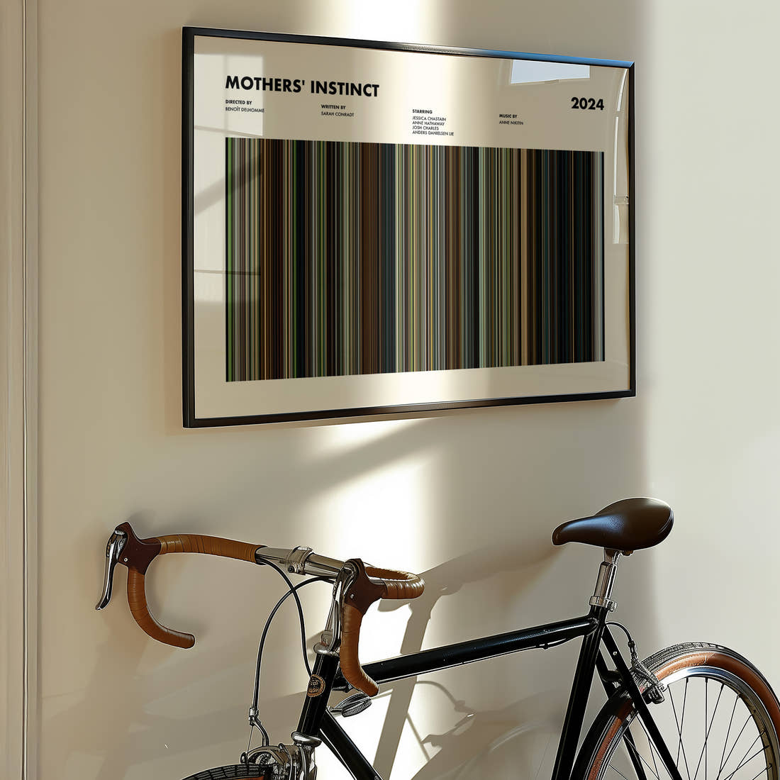 Mothers' Instinct Movie Barcode Poster framed on the wall of a styled room setting