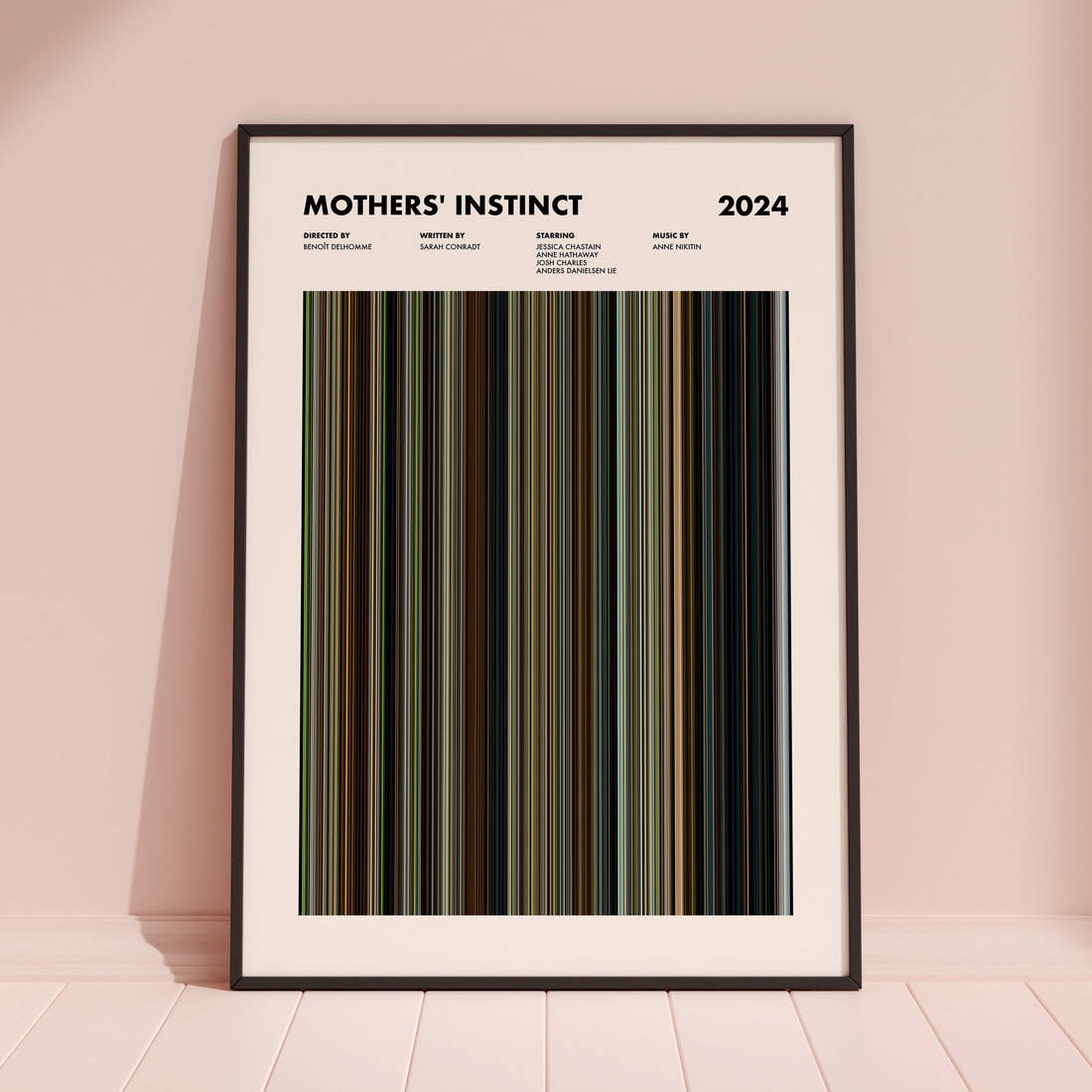 Mothers' Instinct Movie Barcode Poster framed and leaning against a coloured wall