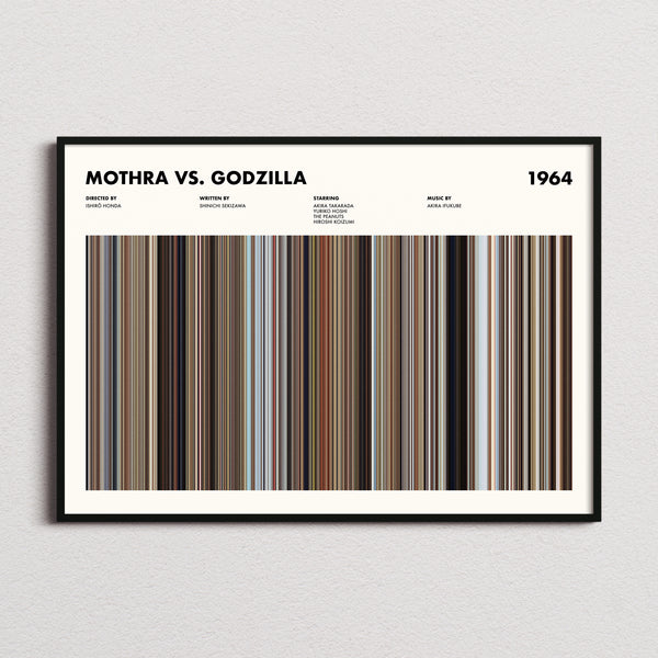 Mothra vs. Godzilla Movie Barcode Poster framed and photographed straight on