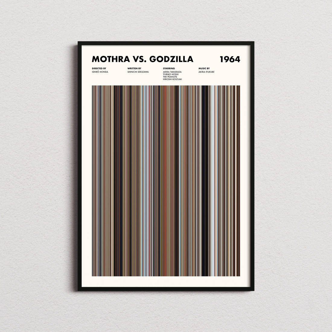 Mothra vs. Godzilla Movie Barcode Poster framed on a plain studio wall