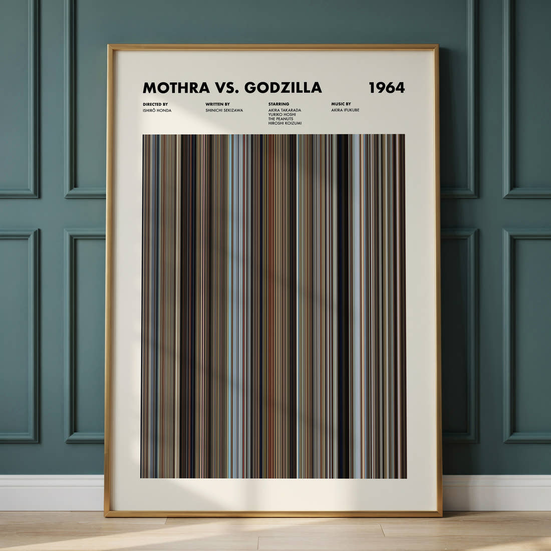 Mothra vs. Godzilla Movie Barcode Poster framed and leaning against a panelled wall