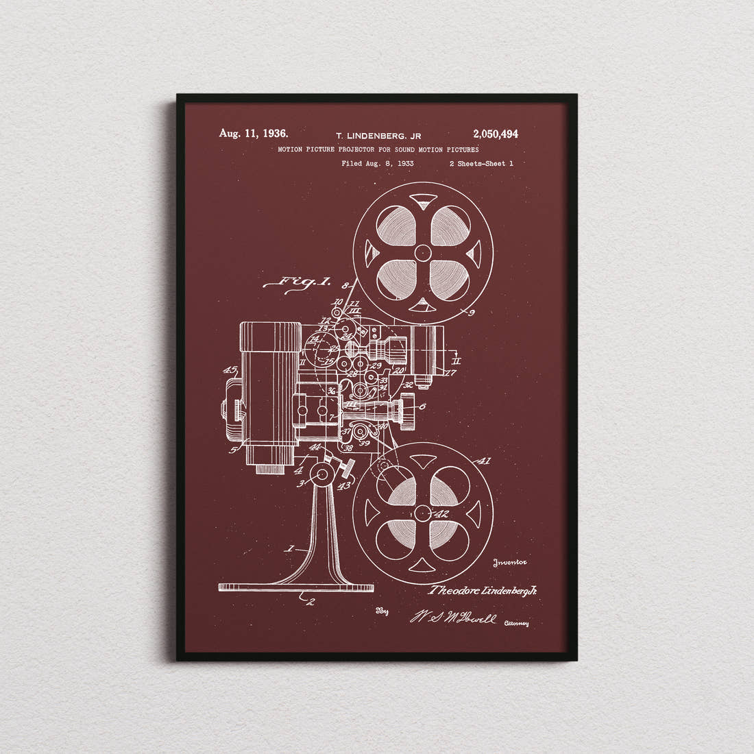 Motion Picture Projector Patent Print in the burgundy colourway, framed