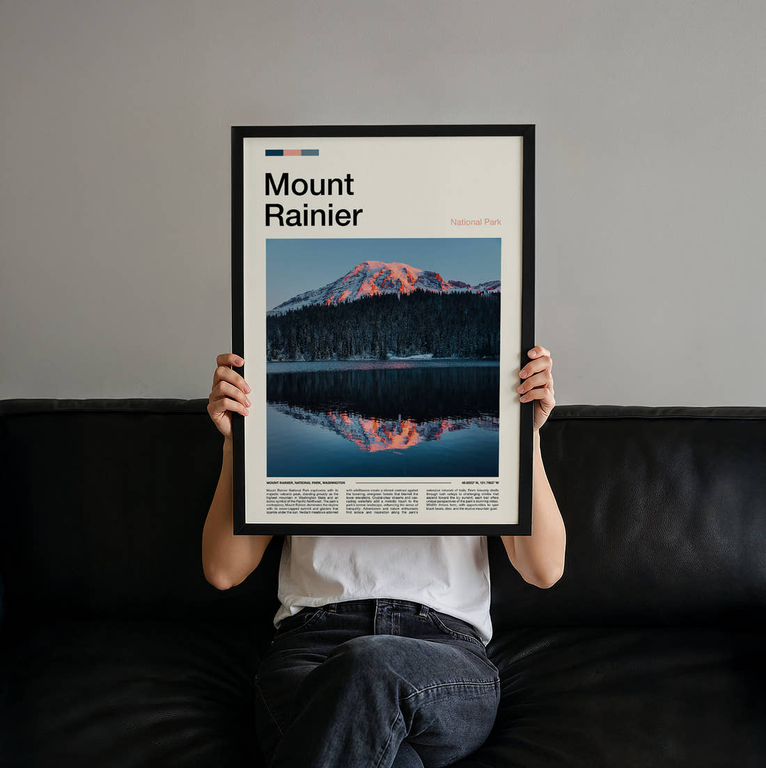 Mount Rainier Mountain Reflected In Lake Travel Print held up by hand to show the size of the print