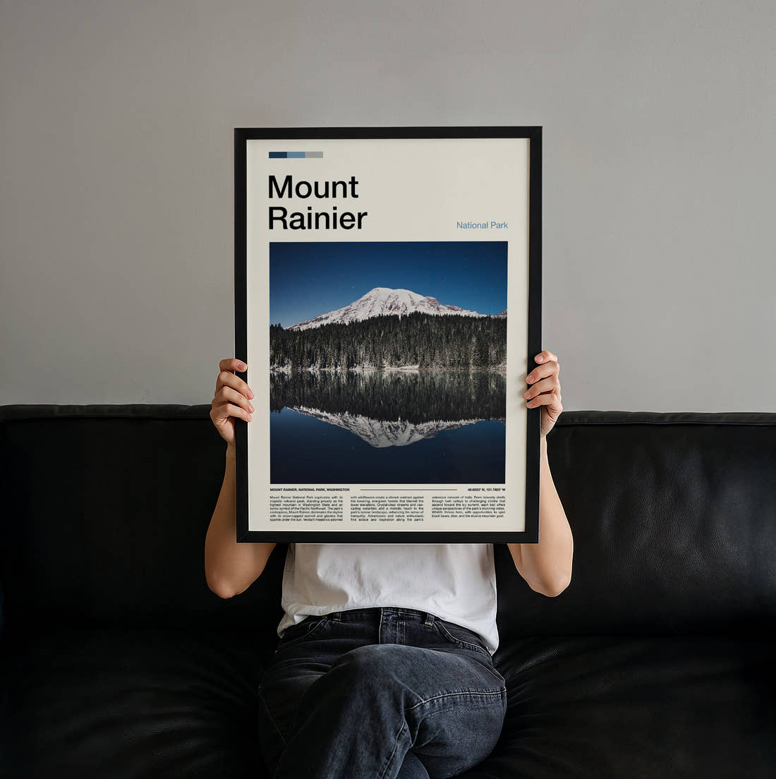 Mount Rainier Snowy Mountain Reflection Travel Print held up by hand to show the size of the print