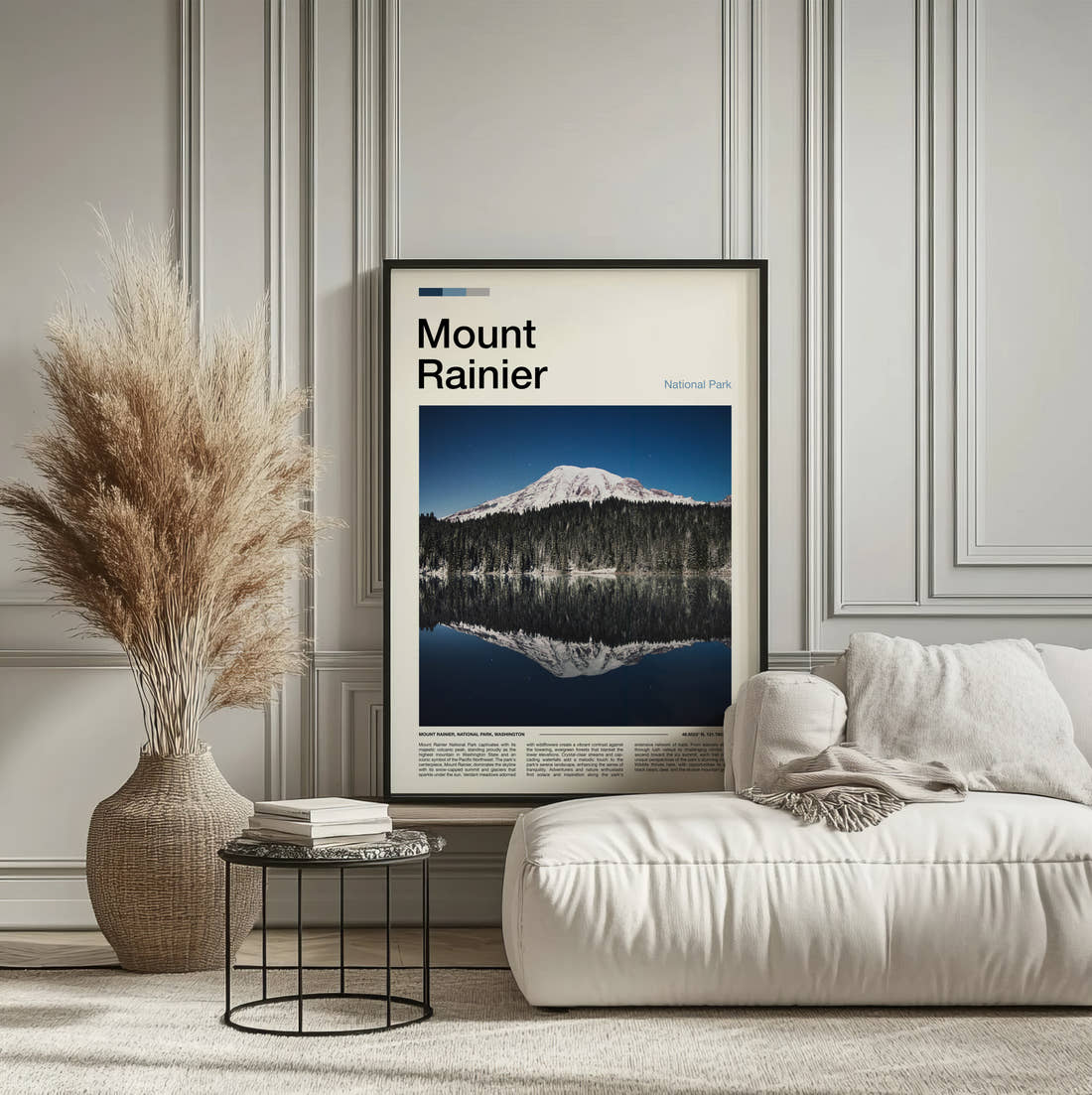 Mount Rainier Snowy Mountain Reflection Travel Print framed on the wall of a calm, neutral bedroom