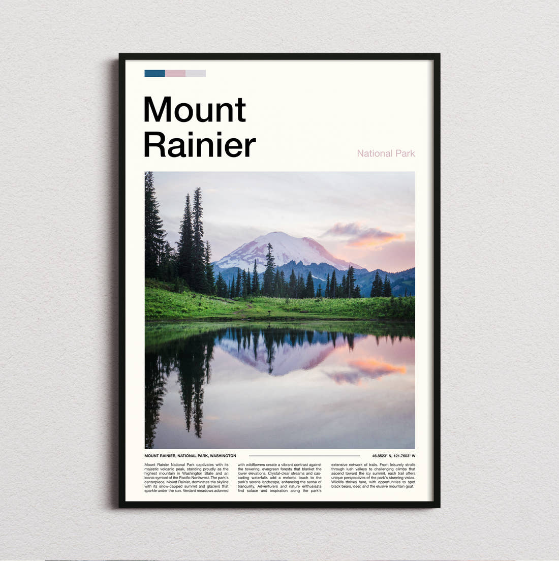 Mount Rainier Mountain And Alpine Meadow Travel Print framed and photographed straight on