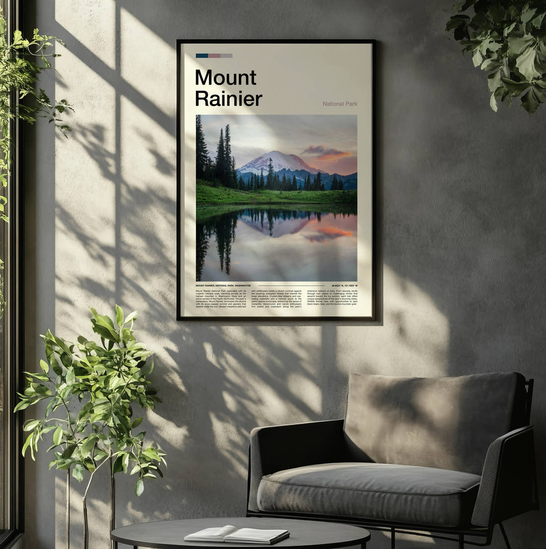 Mount Rainier Mountain And Alpine Meadow Travel Print framed on the wall of a relaxed living room