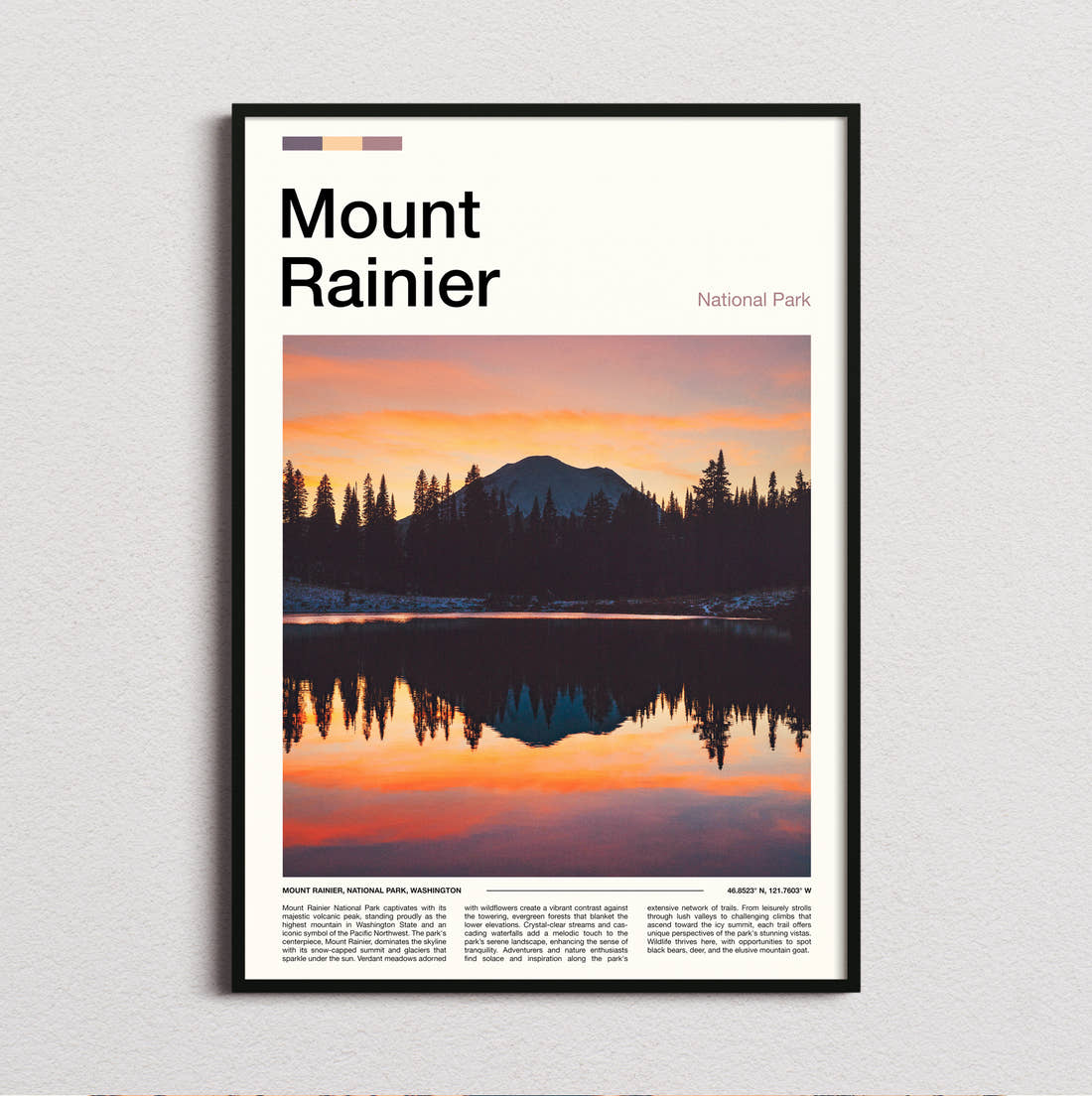 Mount Rainier Mountain At Sunset Travel Print framed and photographed straight on