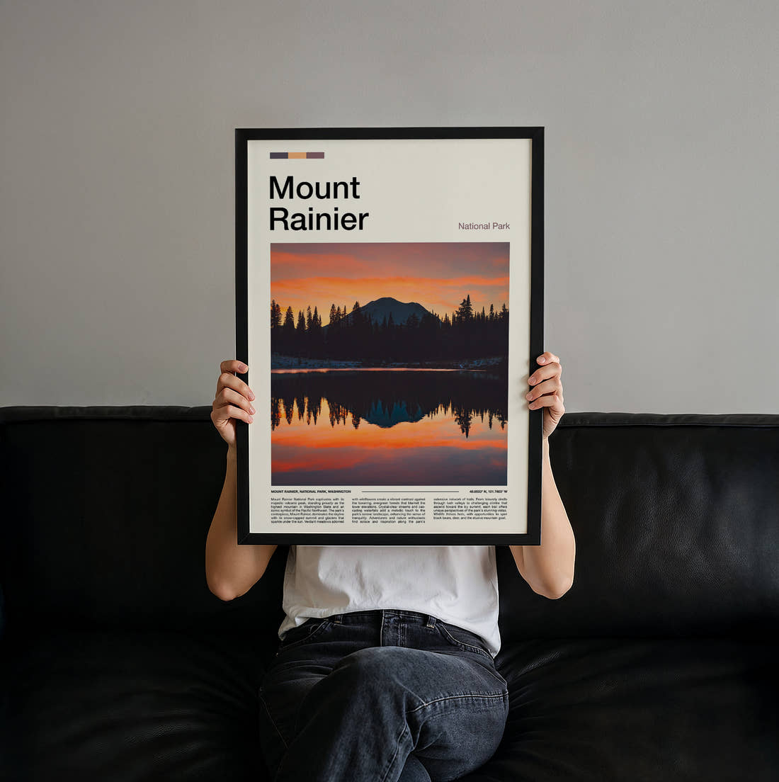 Mount Rainier Mountain At Sunset Travel Print held up by hand to show the size of the print