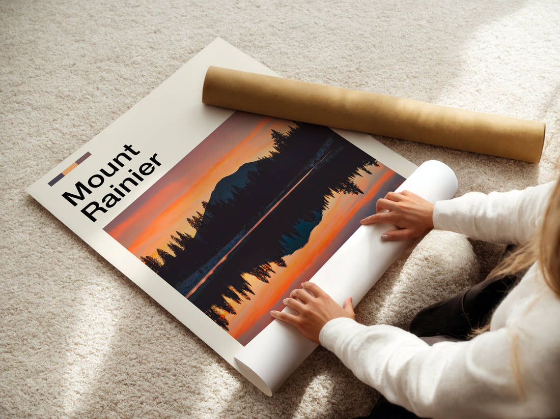 Mount Rainier Mountain At Sunset Travel Print being unrolled from its postal tube