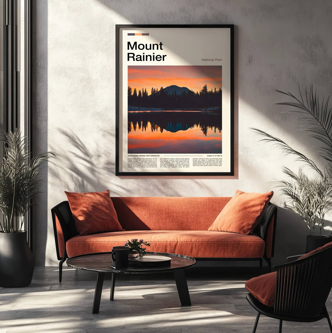 Mount Rainier Mountain At Sunset Travel Print framed on the wall of a modern living room