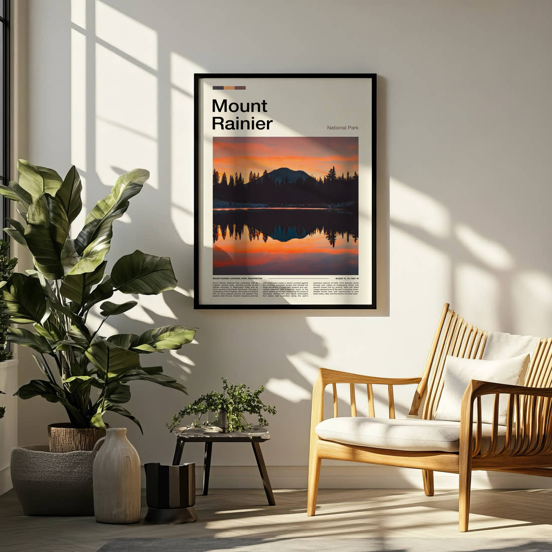 Mount Rainier Mountain At Sunset Travel Print framed on a pale wall beside houseplants