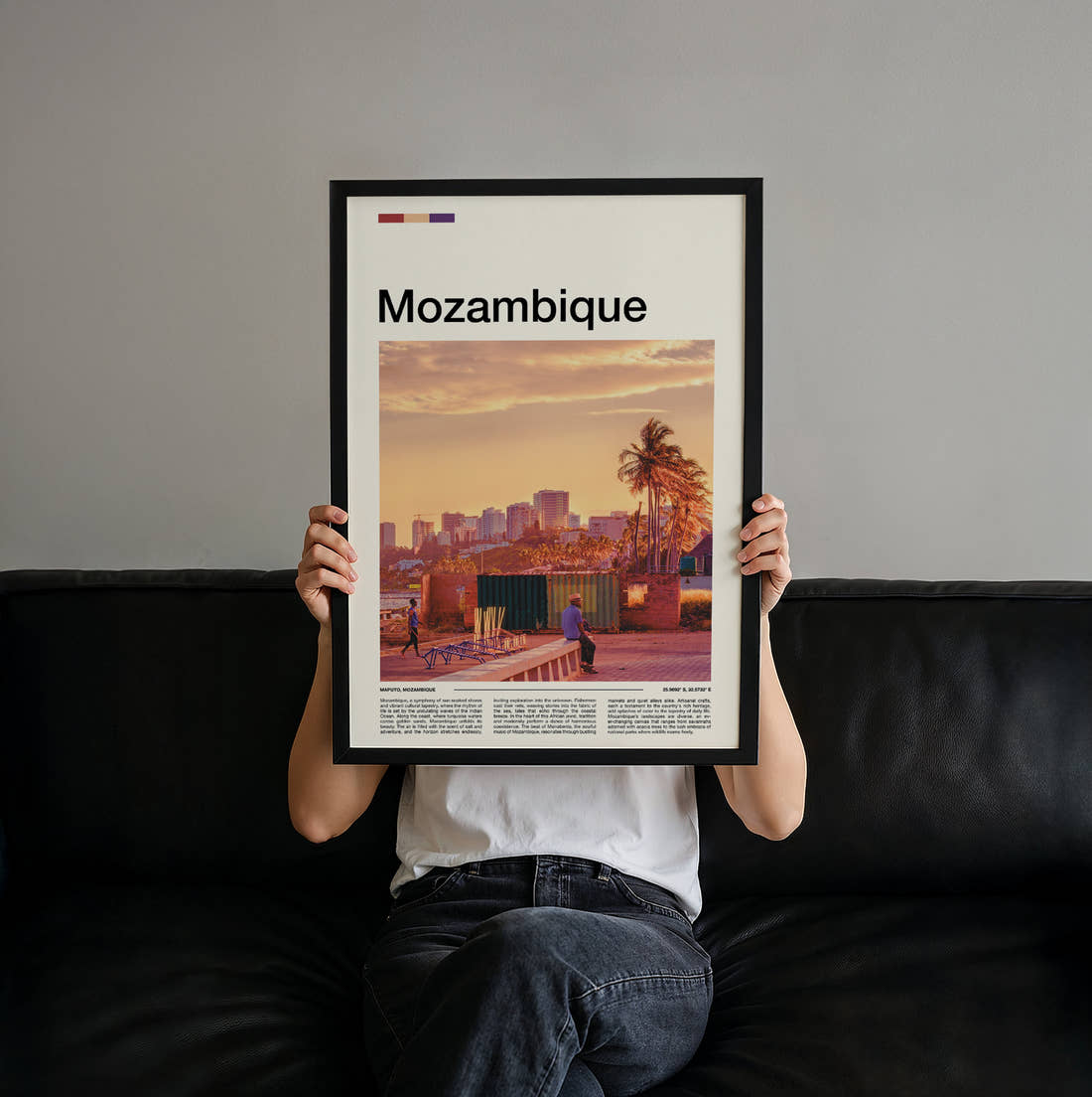 Mozambique City Skyline At Sunset Travel Print held up by hand to show the size of the print