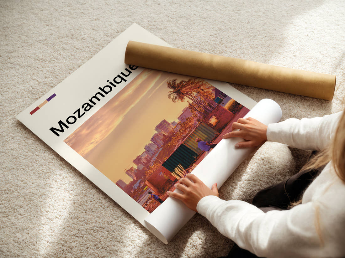 Mozambique City Skyline At Sunset Travel Print being unrolled from its postal tube