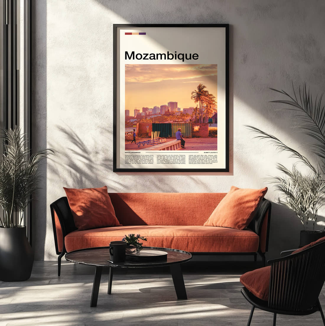 Mozambique City Skyline At Sunset Travel Print framed on the wall of a modern living room