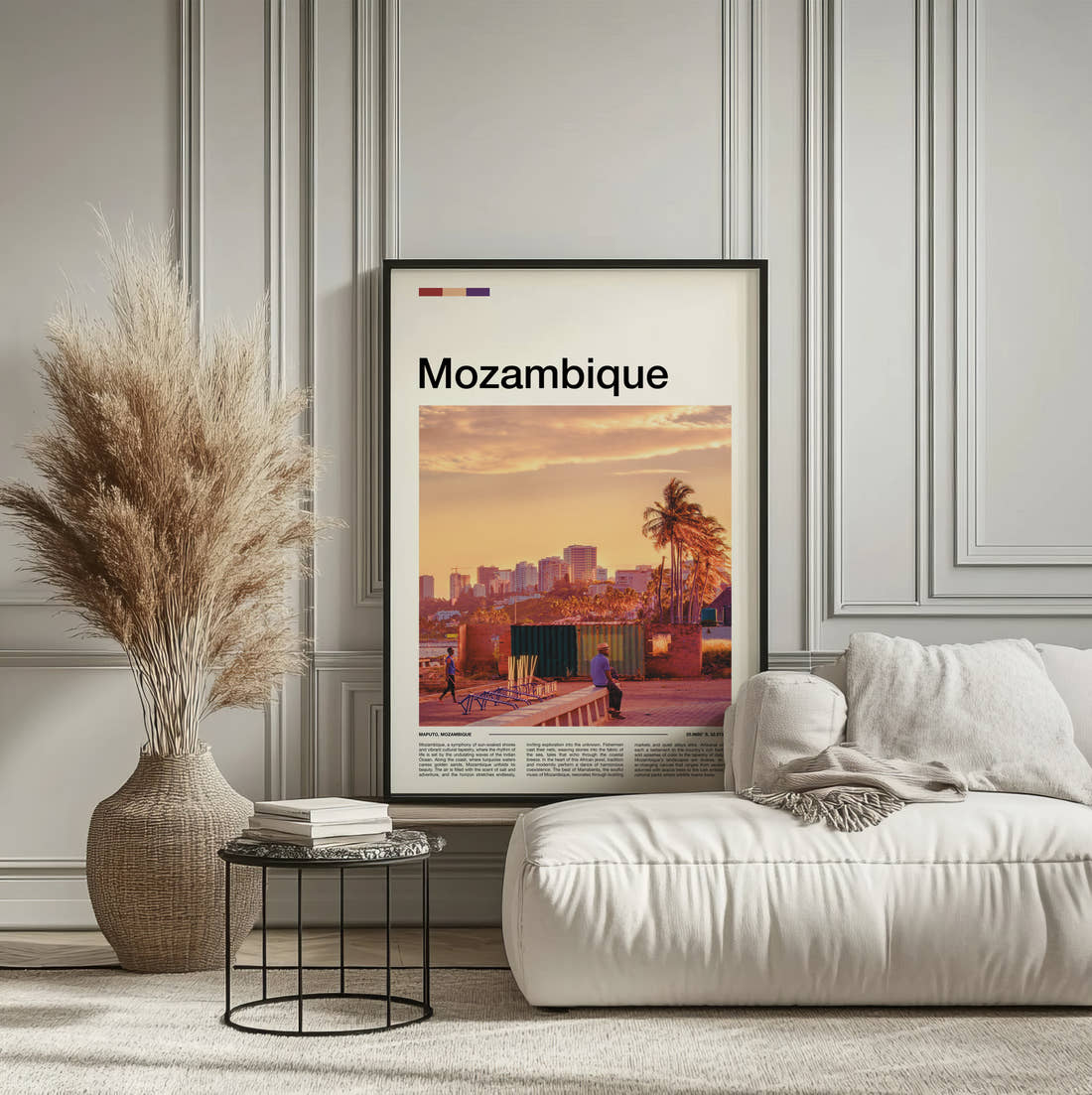Mozambique City Skyline At Sunset Travel Print framed on the wall of a calm, neutral bedroom