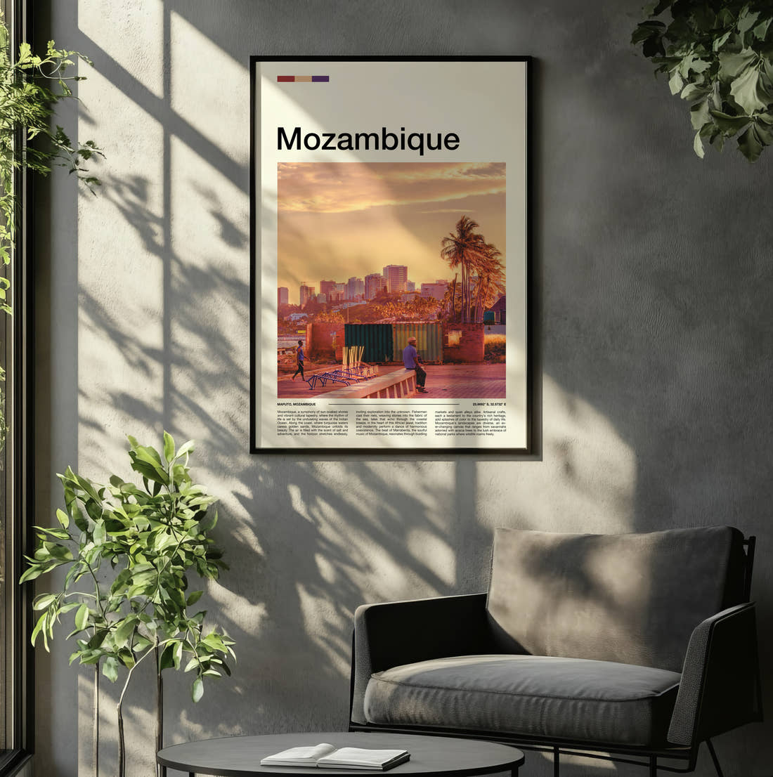 Mozambique City Skyline At Sunset Travel Print framed on the wall of a relaxed living room
