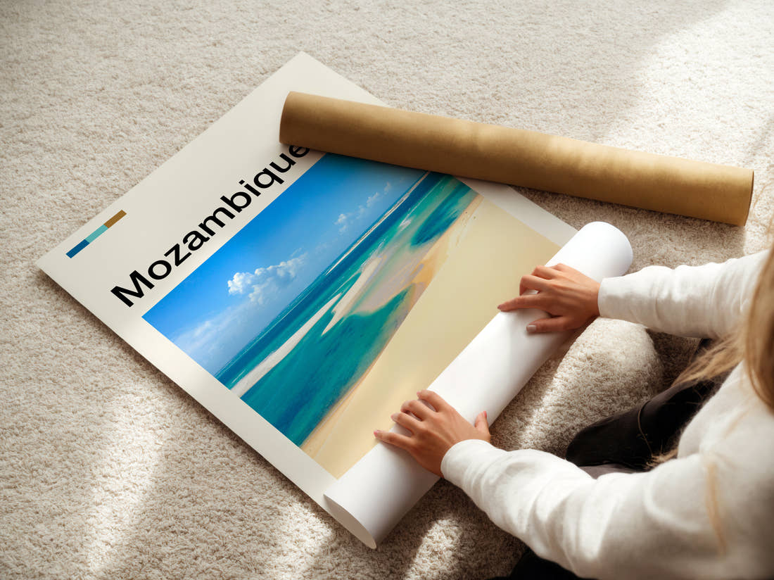 Mozambique Sandbar In Turquoise Water Travel Print being unrolled from its postal tube