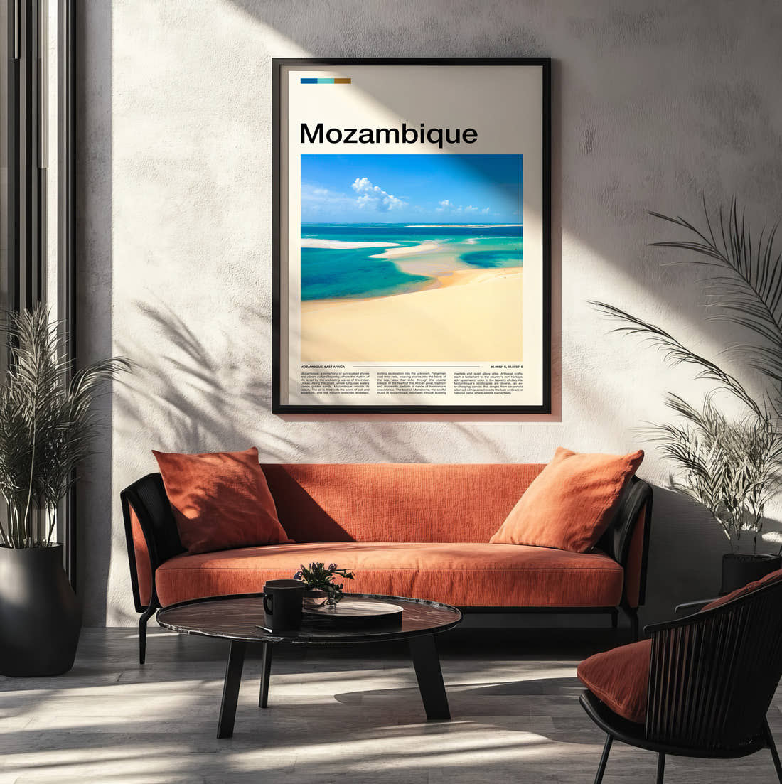 Mozambique Sandbar In Turquoise Water Travel Print framed on the wall of a modern living room