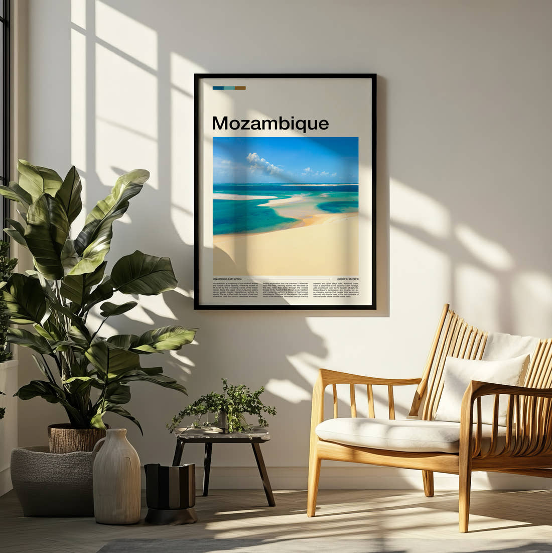 Mozambique Sandbar In Turquoise Water Travel Print framed on a pale wall beside houseplants