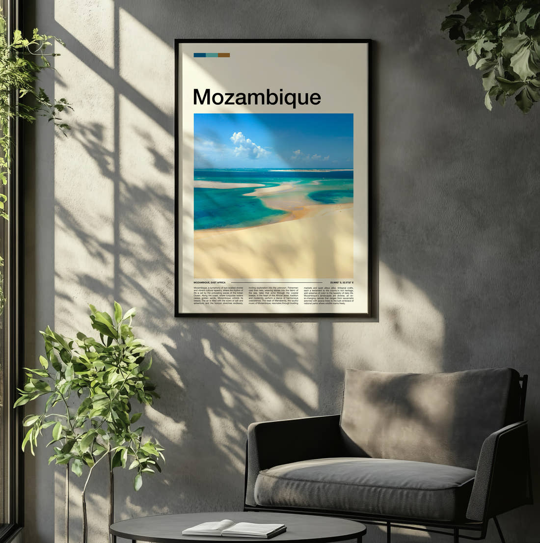 Mozambique Sandbar In Turquoise Water Travel Print framed on the wall of a relaxed living room