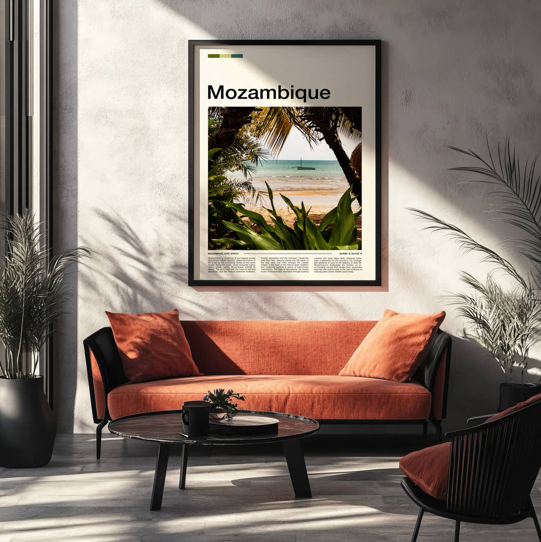 Mozambique Palm Trees On The Beach Travel Print framed on the wall of a modern living room