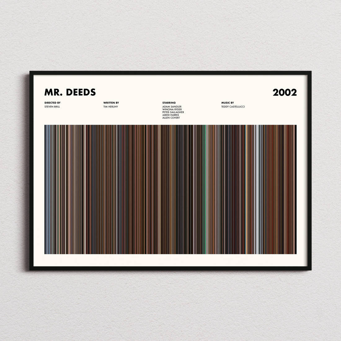 Mr. Deeds Movie Barcode Poster framed and photographed straight on