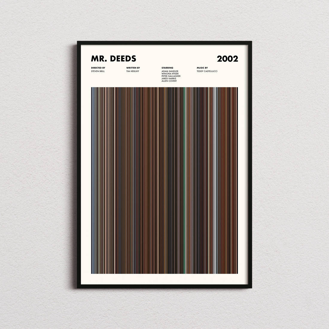 Mr. Deeds Movie Barcode Poster framed on a plain studio wall