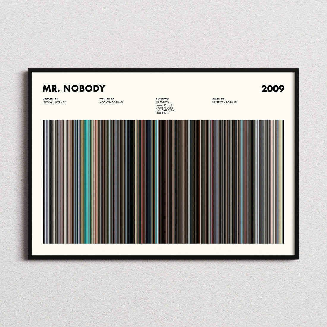 Mr. Nobody Movie Barcode Poster framed and photographed straight on