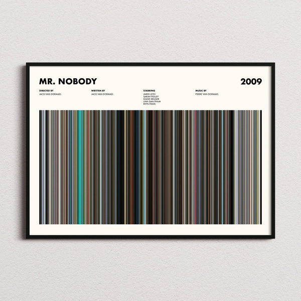 Mr. Nobody Movie Barcode Poster framed and photographed straight on