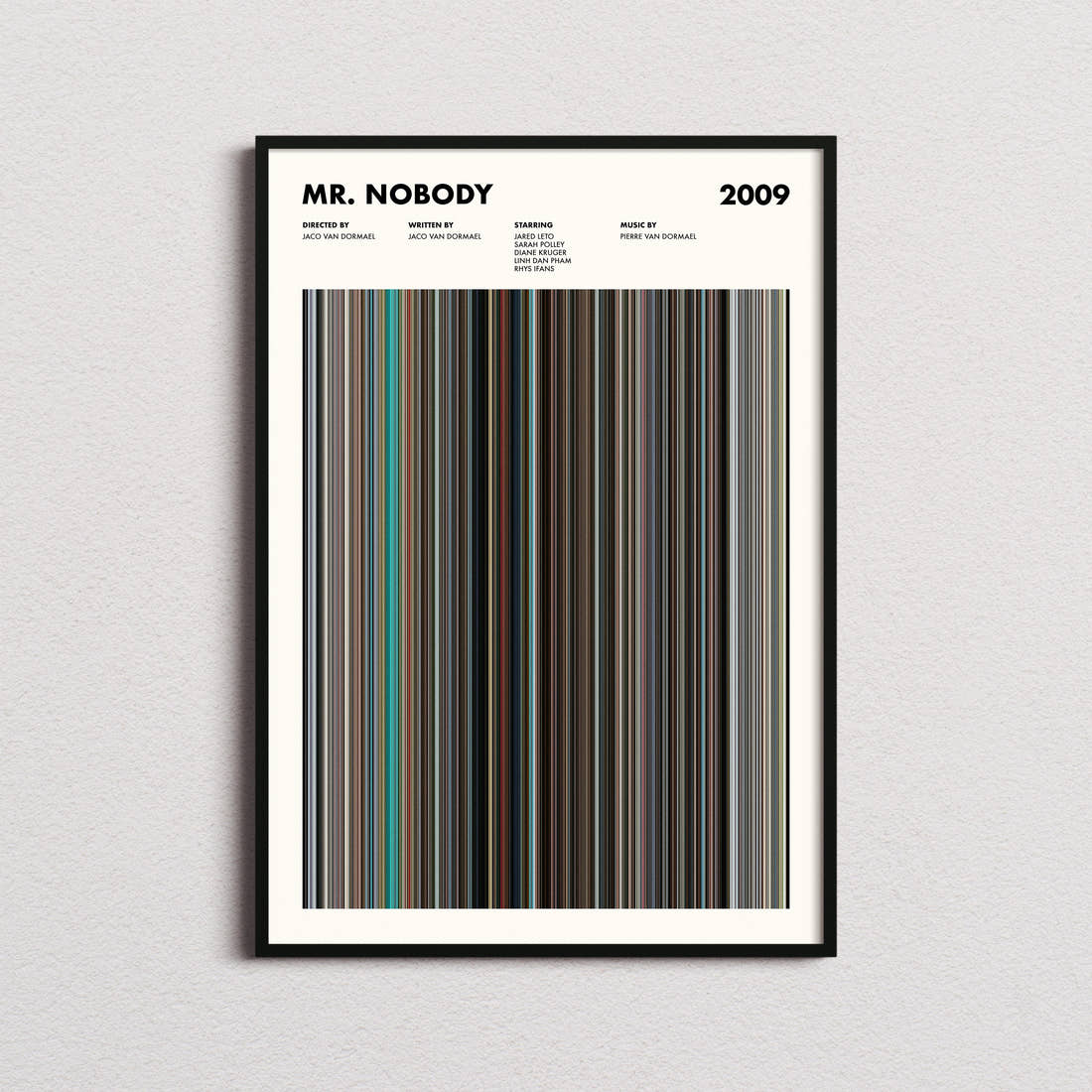 Mr. Nobody Movie Barcode Poster framed on a plain studio wall