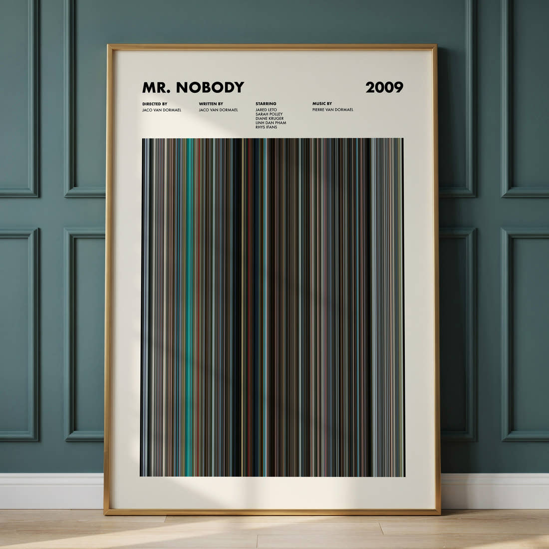 Mr. Nobody Movie Barcode Poster framed and leaning against a panelled wall