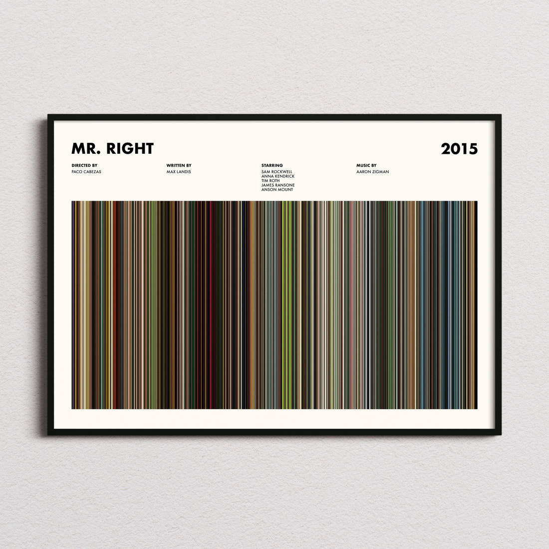 Mr. Right Movie Barcode Poster framed and photographed straight on
