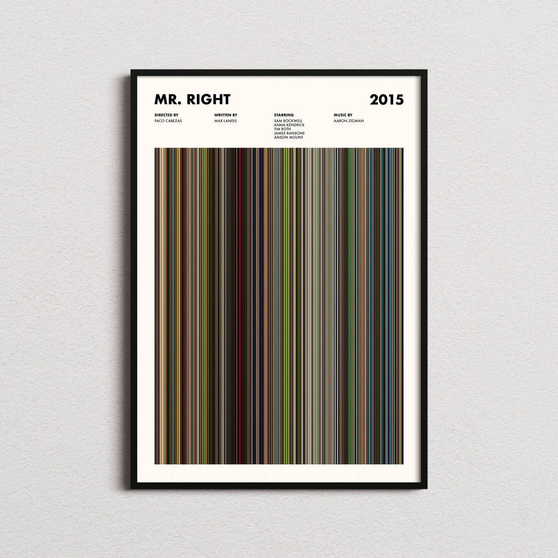 Mr. Right Movie Barcode Poster framed on a plain studio wall