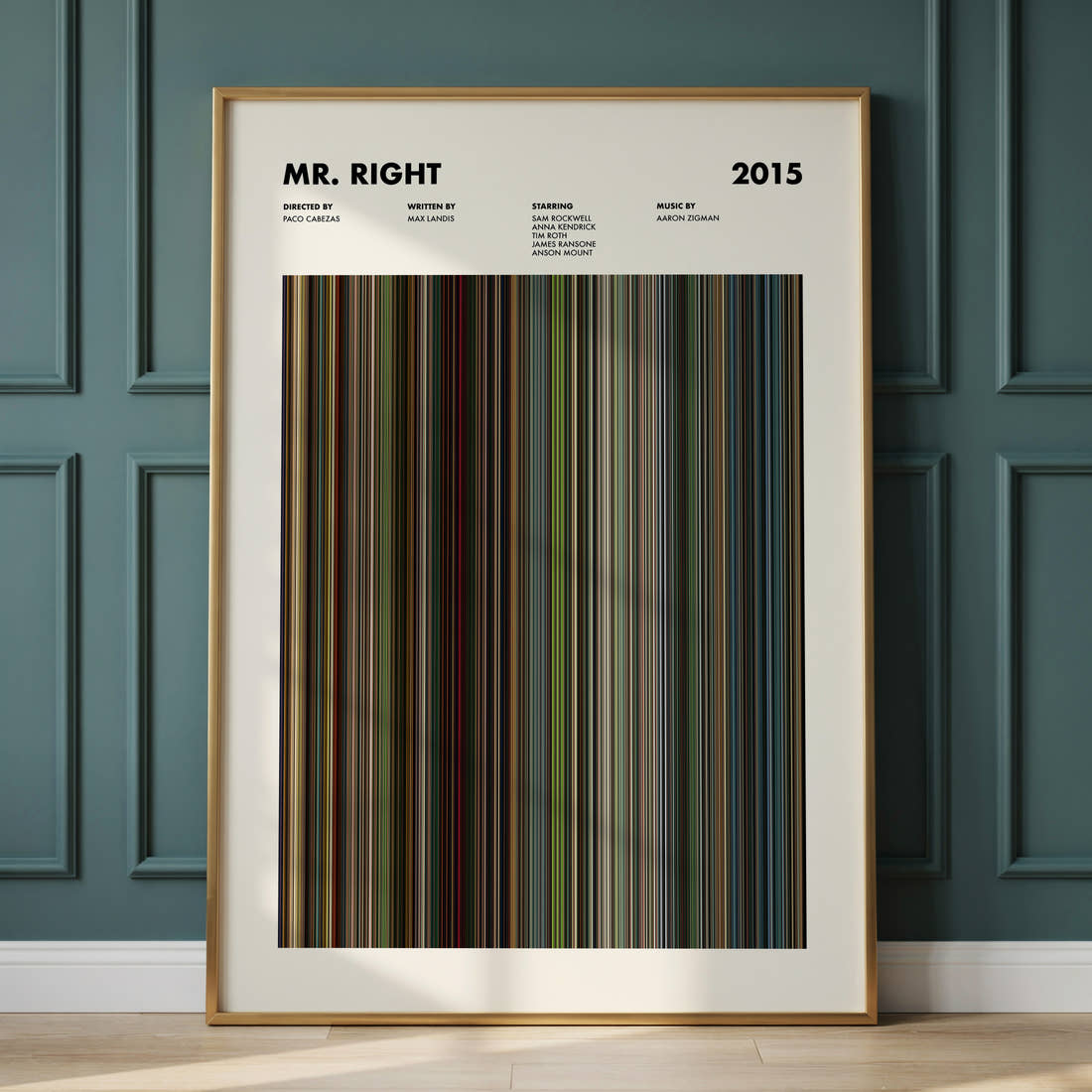 Mr. Right Movie Barcode Poster framed and leaning against a panelled wall