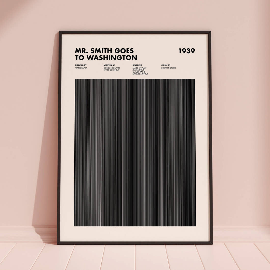 Mr Smith Goes To Washington Movie Barcode Poster framed and leaning against a coloured wall