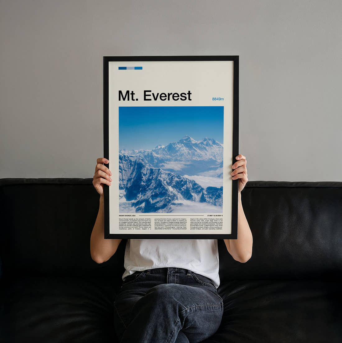 Mount Everest Snowy Mountain Range Travel Print held up by hand to show the size of the print