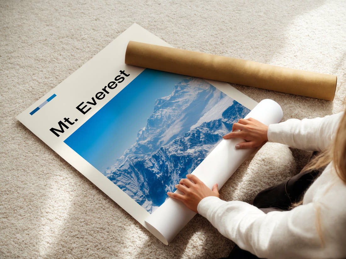 Mount Everest Snowy Mountain Range Travel Print being unrolled from its postal tube
