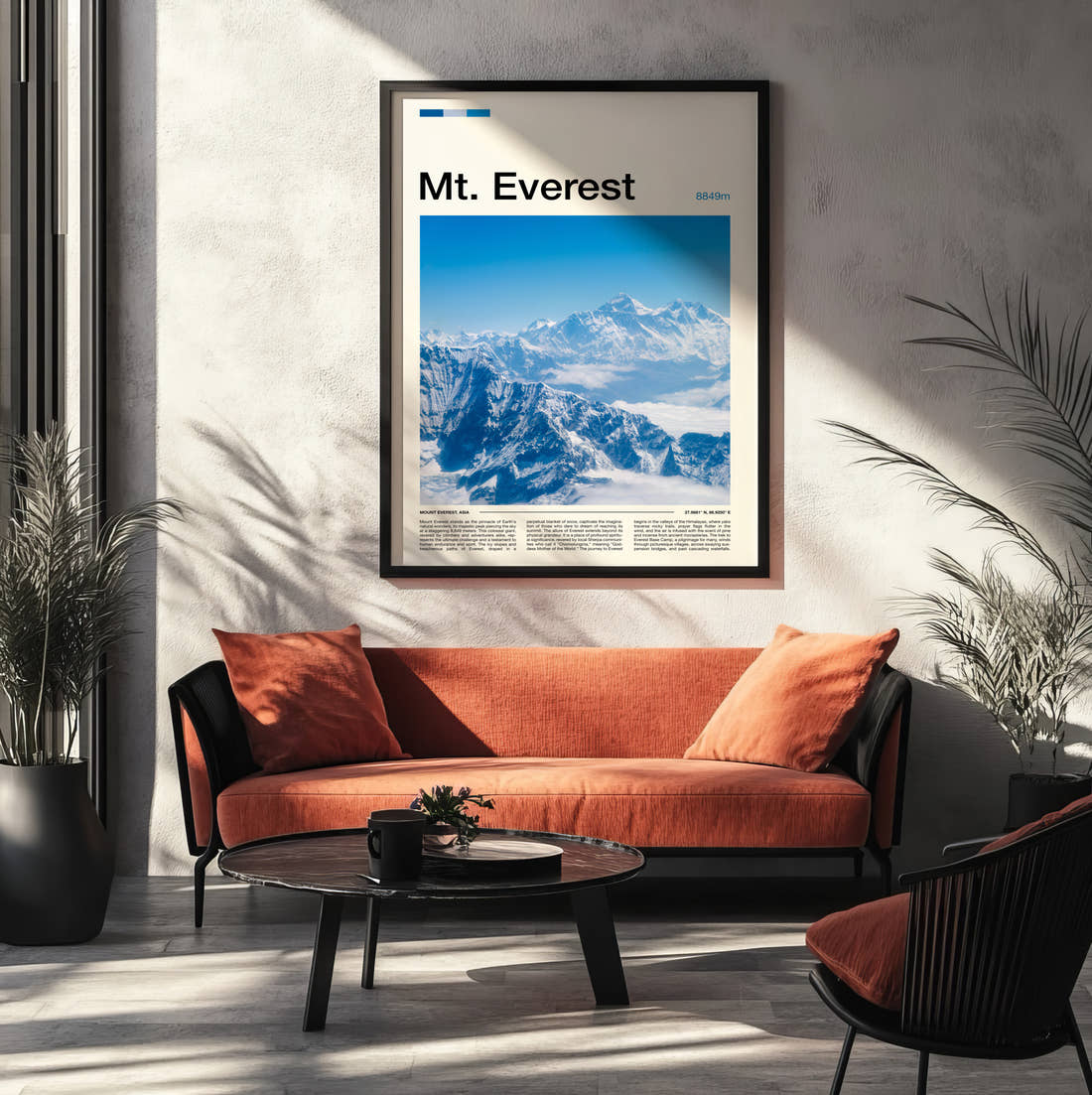 Mount Everest Snowy Mountain Range Travel Print framed on the wall of a modern living room