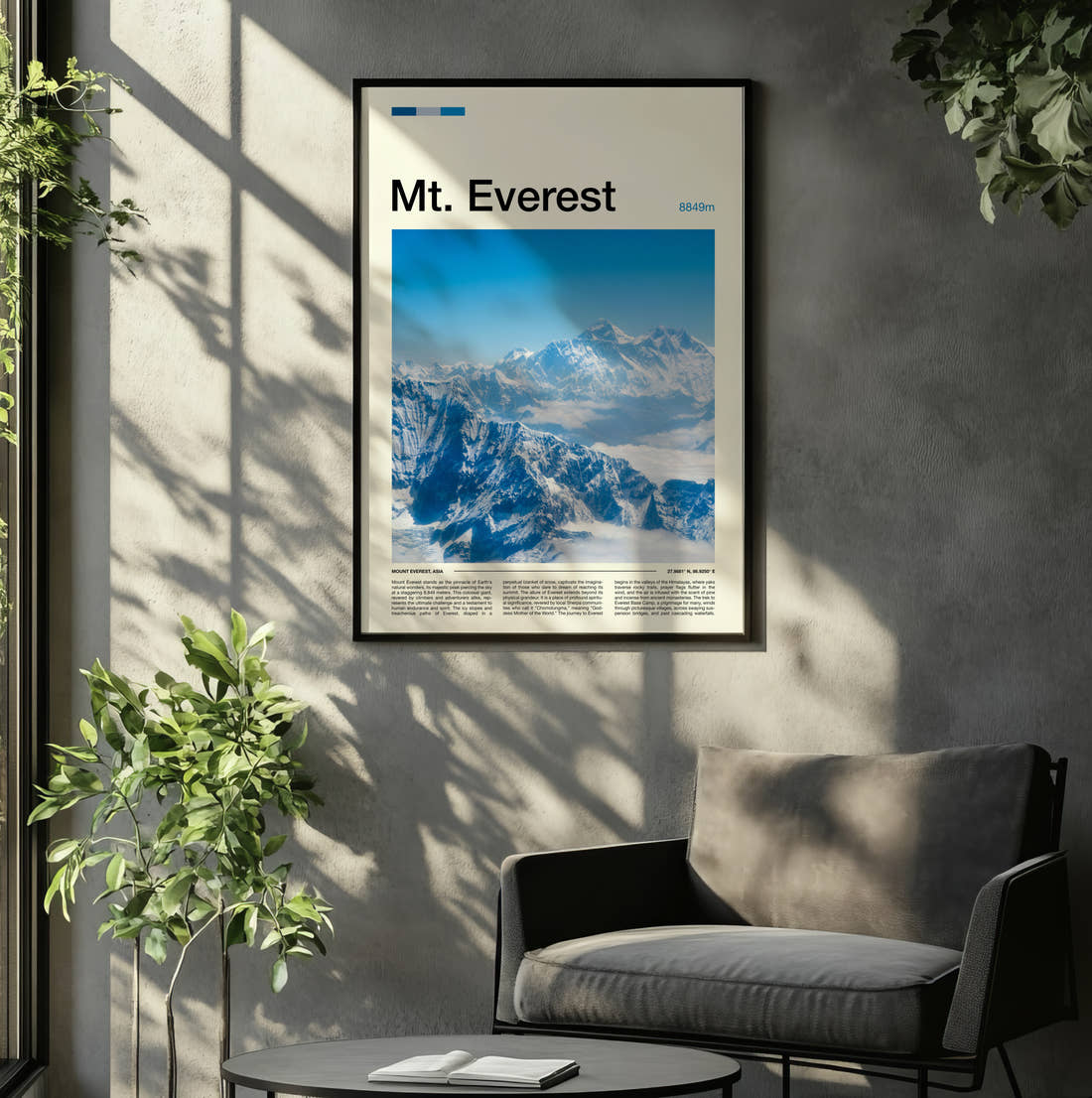 Mount Everest Snowy Mountain Range Travel Print framed on the wall of a relaxed living room