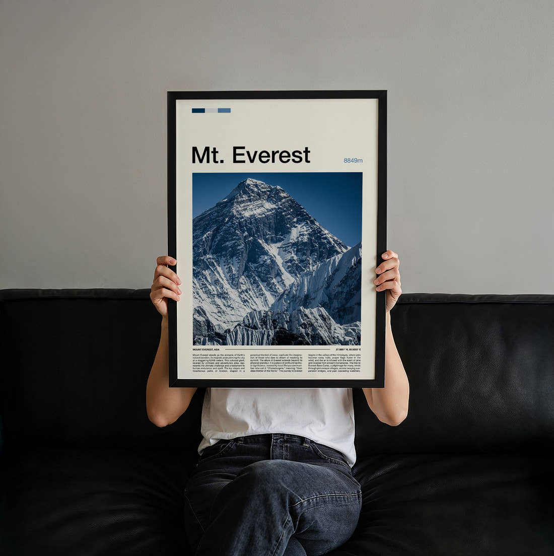Mount Everest Snow Capped Summit Travel Print held up by hand to show the size of the print