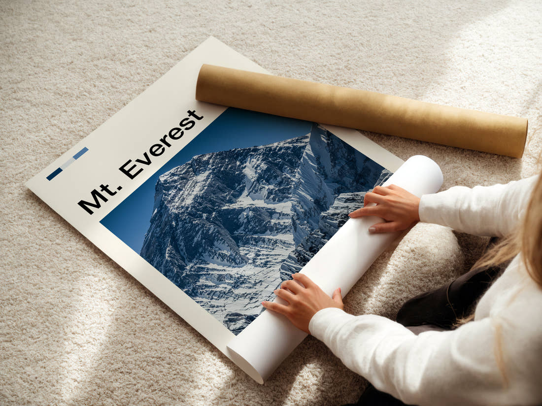 Mount Everest Snow Capped Summit Travel Print being unrolled from its postal tube