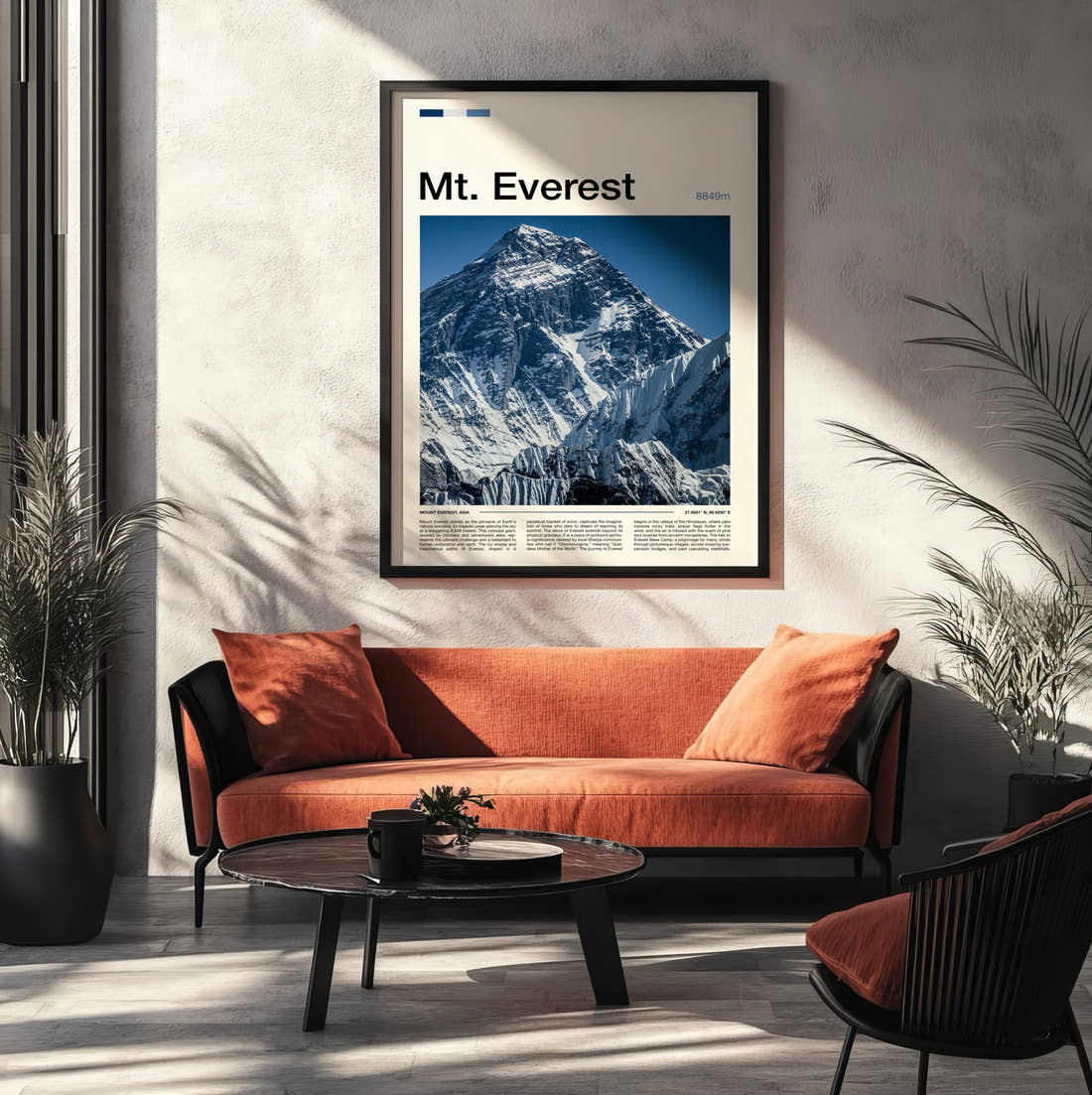 Mount Everest Snow Capped Summit Travel Print framed on the wall of a modern living room